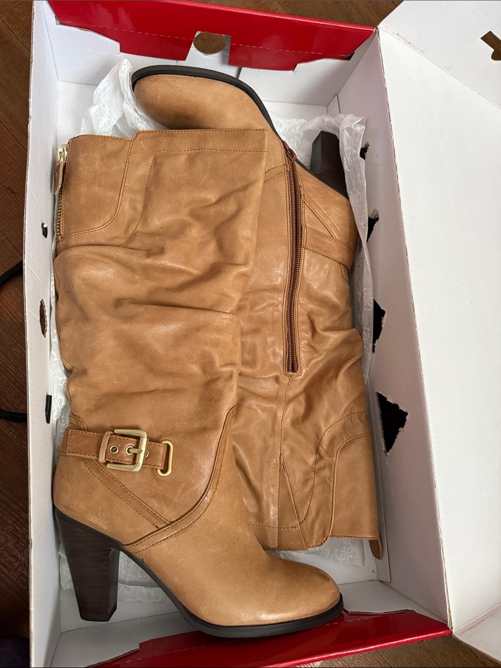 Wide Calf Leather Tan Heeled Boots with Buckle Accent